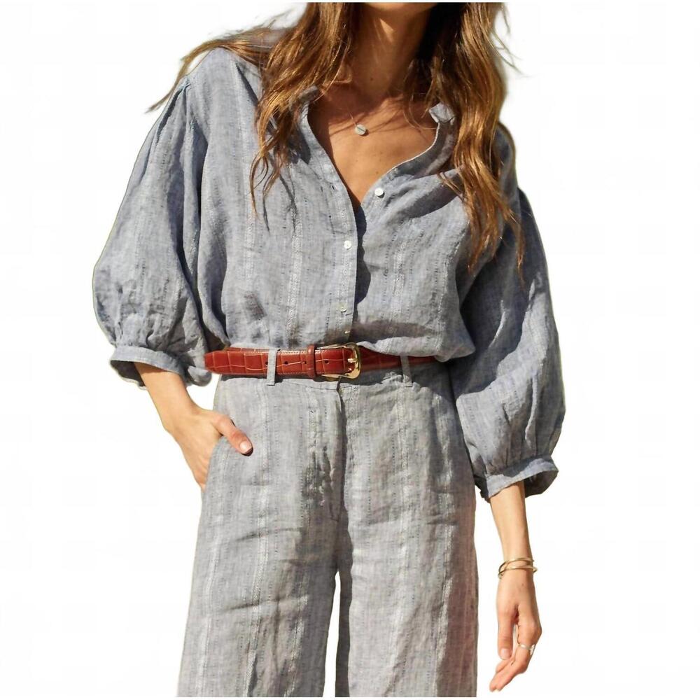 NEW ROAD TO NOWHERE edith linen blouse in jacquard-ocean stripe